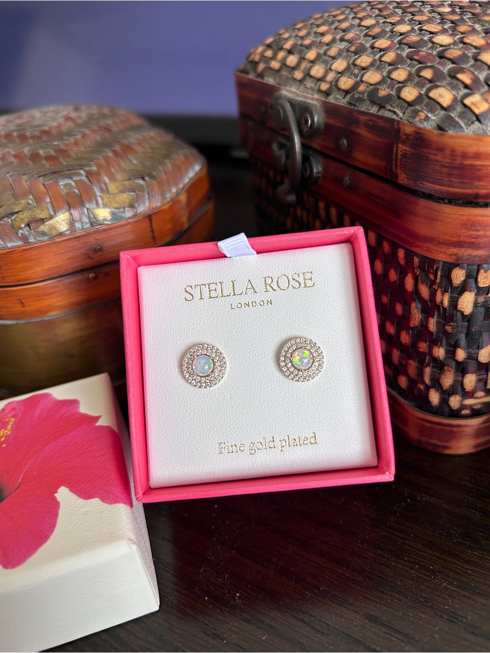 NWT - Stella Rose London Gold-Plated Genuine Opal Halo Stud Earrings